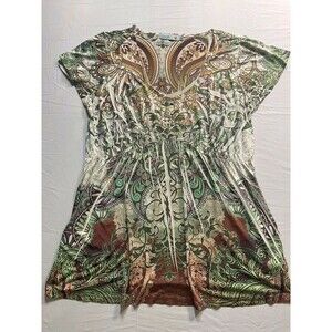 Unity World Wear Paisley Empire Waist Embellished Top Green Brown Large